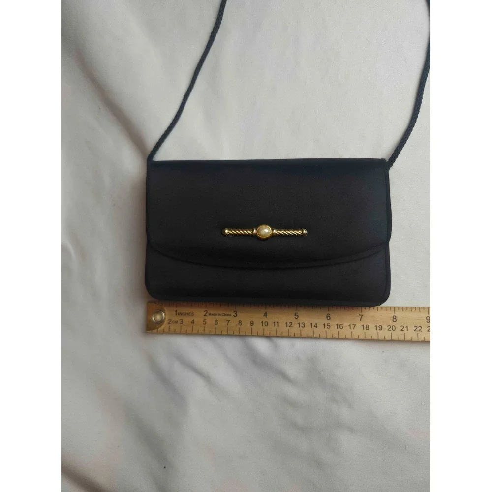 La Regale Clutch Bag Women Black Satin Formal Evening Shoulder Gold Pearl Clasp